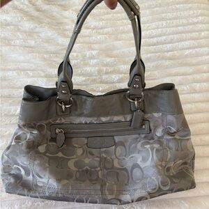 Coach Gray Signature Canvas Shoulder Bag with Leather Trim